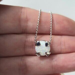 White Opal Necklace 925 Sterling Silver and Rhodium Plated | Ball Chain Love